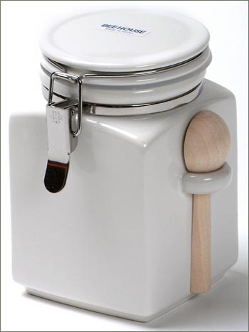 Bee House Ceramic Canister - Small White with Spoon
